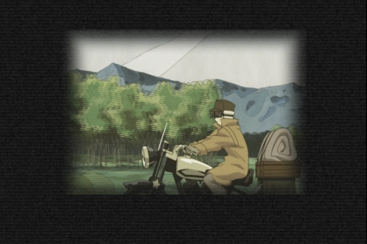 Example of a zoomed telecined frame making fields unrecoverable from Kino no Tabi (2003)