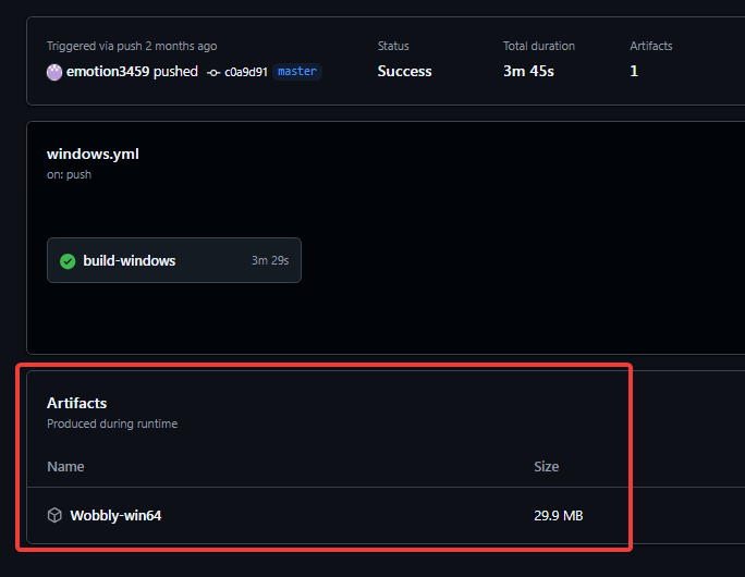 Screenshot showing where to find the Wobbly artifact on the Actions page