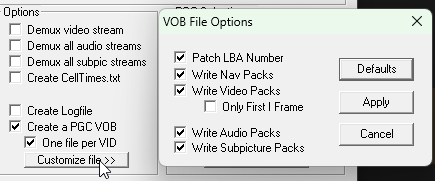 PgcDemux options window, with "Create a PGC VOB" and "One file per VID" option ticked, and everything else unticked