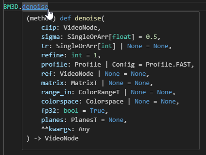 Hovering over a method or function shows the expected parameters and default values