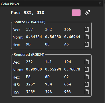 Color Picker dock showing source and rendered pixel values