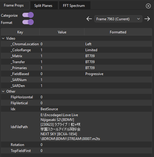 Frame Properties panel showing metadata for the current frame