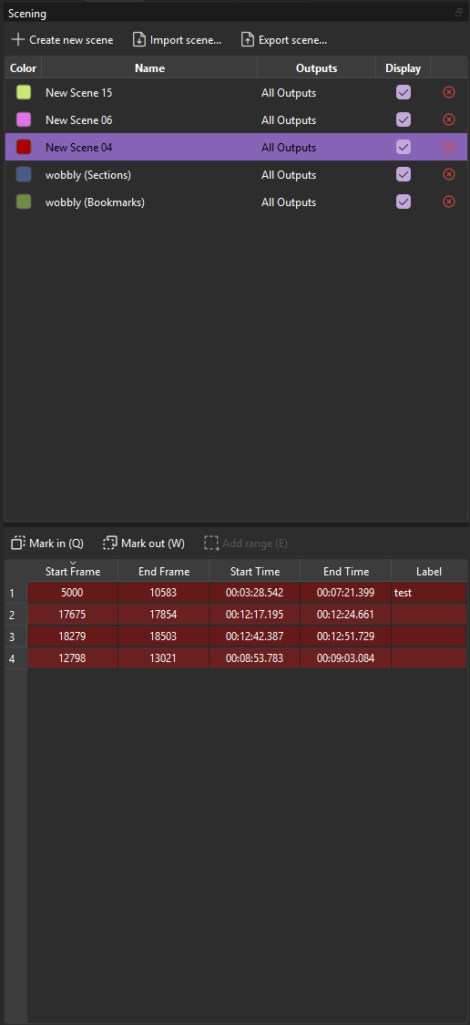 Scening dock showing scene ranges